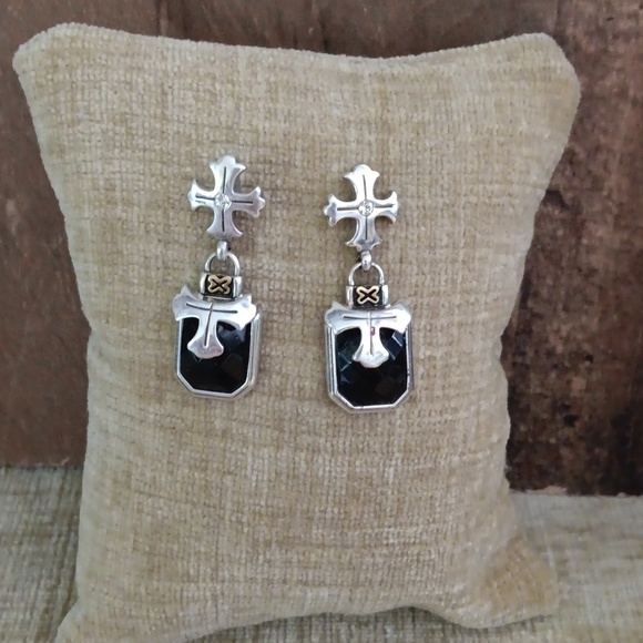 Silver Tone Cross Black Onyx Dangle Earrings - Picture 1 of 6